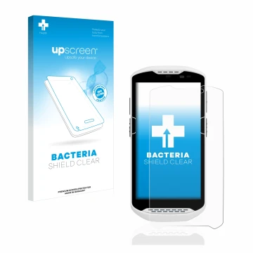 Parte frontal de un envase de producto con el logotipo de la marca upscreen. Al lado se muestra el dispositivo Zebra TC57 con 