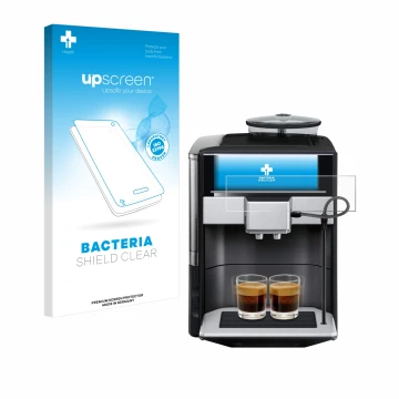 Parte frontal de un envase de producto con el logotipo de la marca upscreen. Al lado se muestra el dispositivo Siemens EQ.6 pl