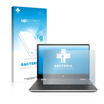 Parte frontal de un envase de producto con el logotipo de la marca upscreen. Al lado se muestra el dispositivo HP Pavilion x36