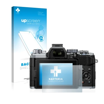 Parte frontal de un envase de producto con el logotipo de la marca upscreen. Al lado se muestra el dispositivo Olympus OM-D E-