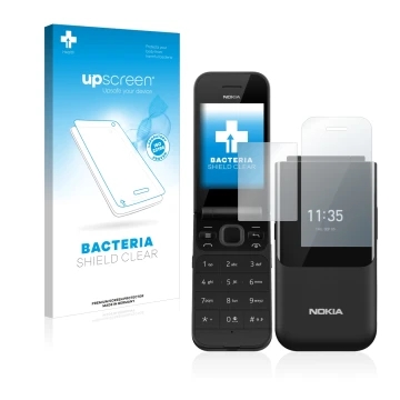 Parte frontal de un envase de producto con el logotipo de la marca upscreen. Al lado se muestra el dispositivo Nokia 2720 Flip