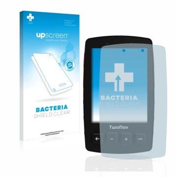 Parte frontal de un envase de producto con el logotipo de la marca upscreen. Al lado se muestra el dispositivo TwoNav Trail 2 