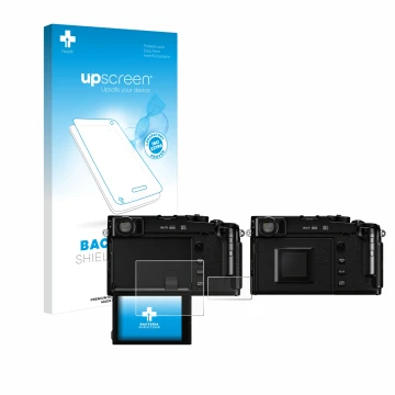 Parte frontal de un envase de producto con el logotipo de la marca upscreen. Al lado se muestra el dispositivo Fujifilm X-Pro3