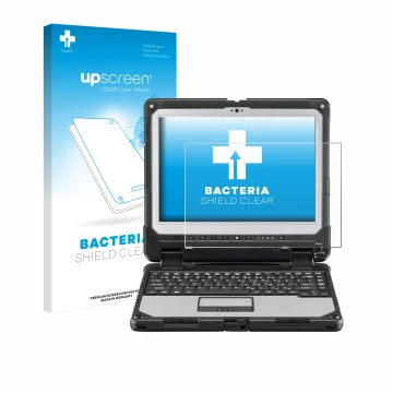 Parte frontal de un envase de producto con el logotipo de la marca upscreen. Al lado se muestra el dispositivo Panasonic Tough