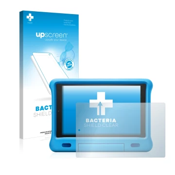 Parte frontal de un envase de producto con el logotipo de la marca upscreen. Al lado se muestra el dispositivo Amazon Fire HD 