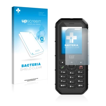Parte frontal de un envase de producto con el logotipo de la marca upscreen. Al lado se muestra el dispositivo Caterpillar Cat