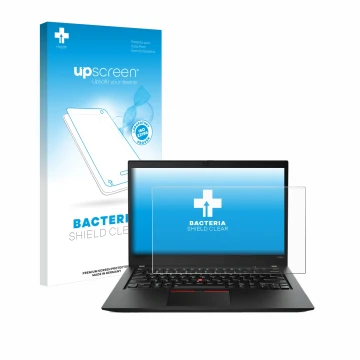 Parte frontal de un envase de producto con el logotipo de la marca upscreen. Al lado se muestra el dispositivo Lenovo ThinkPad