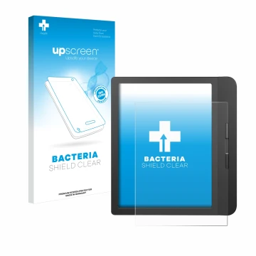 Parte frontal de un envase de producto con el logotipo de la marca upscreen. Al lado se muestra el dispositivo Tolino Vision 5