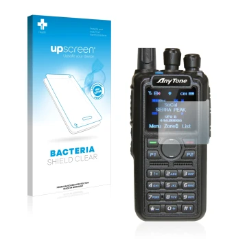 Parte frontal de un envase de producto con el logotipo de la marca upscreen. Al lado se muestra el dispositivo AnyTone AT-D878