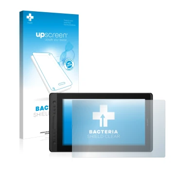 Parte frontal de un envase de producto con el logotipo de la marca upscreen. Al lado se muestra el dispositivo Huion Kamvas Pr