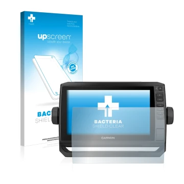 Parte frontal de un envase de producto con el logotipo de la marca upscreen. Al lado se muestra el dispositivo Garmin ECHOMAP 