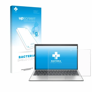 Parte frontal de un envase de producto con el logotipo de la marca upscreen. Al lado se muestra el dispositivo HP Elite x2 G4 