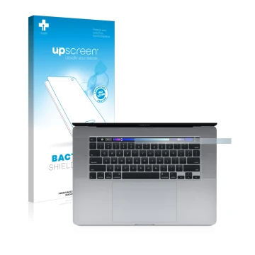 Parte frontal de un envase de producto con el logotipo de la marca upscreen. Al lado se muestra el dispositivo Apple MacBook P
