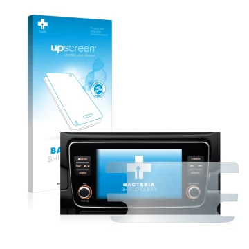 Parte frontal de un envase de producto con el logotipo de la marca upscreen. Al lado se muestra el dispositivo Nissan Leaf E P