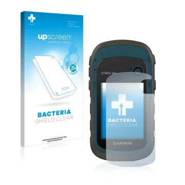 Parte frontal de un envase de producto con el logotipo de la marca upscreen. Al lado se muestra el dispositivo Garmin eTrex 22
