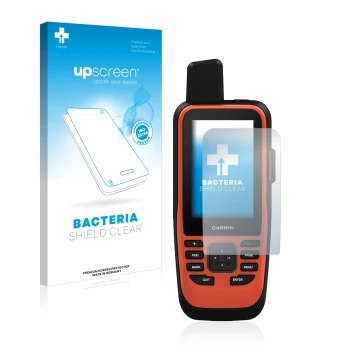 Parte frontal de un envase de producto con el logotipo de la marca upscreen. Al lado se muestra el dispositivo Garmin GPSMAP 8