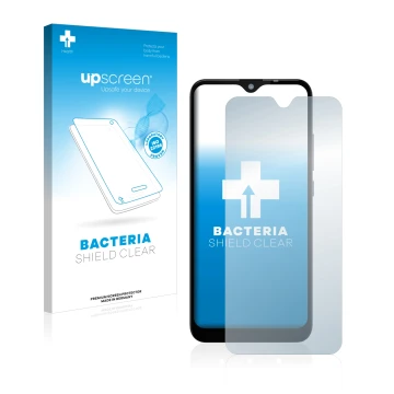Parte frontal de un envase de producto con el logotipo de la marca upscreen. Al lado se muestra el dispositivo Gigaset GS110 c