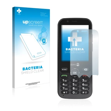 Parte frontal de un envase de producto con el logotipo de la marca upscreen. Al lado se muestra el dispositivo Doro 7010 con s