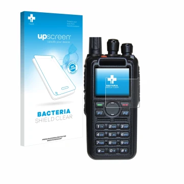 Parte frontal de un envase de producto con el logotipo de la marca upscreen. Al lado se muestra el dispositivo AnyTone AT-D878