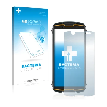 Parte frontal de un envase de producto con el logotipo de la marca upscreen. Al lado se muestra el dispositivo Cubot King Kong