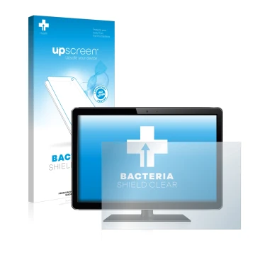 Parte frontal de un envase de producto con el logotipo de la marca upscreen. Al lado se muestra el dispositivo con su protecto