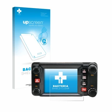 Parte frontal de un envase de producto con el logotipo de la marca upscreen. Al lado se muestra el dispositivo Yaesu FTM-400XD