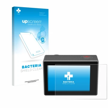 Parte frontal de un envase de producto con el logotipo de la marca upscreen. Al lado se muestra el dispositivo Akaso V50 Elite