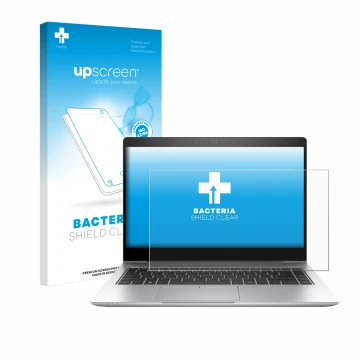 Parte frontal de un envase de producto con el logotipo de la marca upscreen. Al lado se muestra el dispositivo HP EliteBook 84