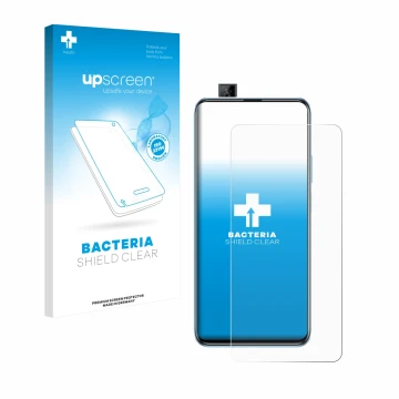 Parte frontal de un envase de producto con el logotipo de la marca upscreen. Al lado se muestra el dispositivo Huawei P smart 