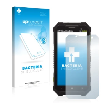Parte frontal de un envase de producto con el logotipo de la marca upscreen. Al lado se muestra el dispositivo SkyCaddie SX500