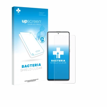 Parte frontal de un envase de producto con el logotipo de la marca upscreen. Al lado se muestra el dispositivo Samsung Galaxy 