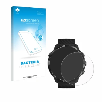 Parte frontal de un envase de producto con el logotipo de la marca upscreen. Al lado se muestra el dispositivo Suunto 7 con su