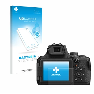 Parte frontal de un envase de producto con el logotipo de la marca upscreen. Al lado se muestra el dispositivo Nikon Coolpix P