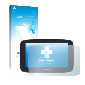 Parte frontal de un envase de producto con el logotipo de la marca upscreen. Al lado se muestra el dispositivo TomTom Go Profe