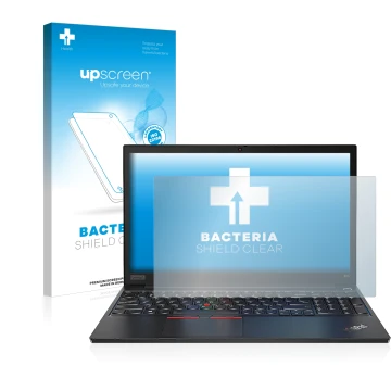 Parte frontal de un envase de producto con el logotipo de la marca upscreen. Al lado se muestra el dispositivo Lenovo ThinkPad