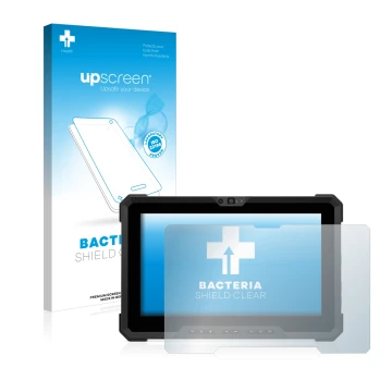 Parte frontal de un envase de producto con el logotipo de la marca upscreen. Al lado se muestra el dispositivo Dell Latitude 7