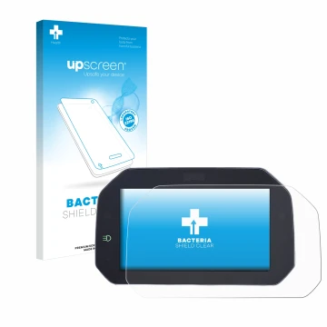 Parte frontal de un envase de producto con el logotipo de la marca upscreen. Al lado se muestra el dispositivo BMW R1200GS LC 