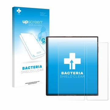 Parte frontal de un envase de producto con el logotipo de la marca upscreen. Al lado se muestra el dispositivo Huawei Mate Xs 