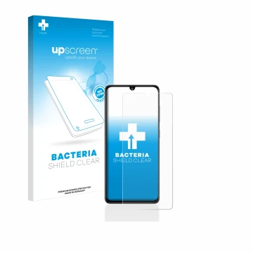 Parte frontal de un envase de producto con el logotipo de la marca upscreen. Al lado se muestra el dispositivo Samsung Galaxy 