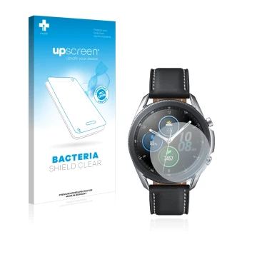 Parte frontal de un envase de producto con el logotipo de la marca upscreen. Al lado se muestra el dispositivo Samsung Galaxy 