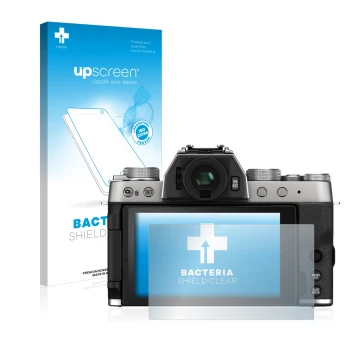 Parte frontal de un envase de producto con el logotipo de la marca upscreen. Al lado se muestra el dispositivo Fujifilm X-T200