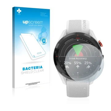 Parte frontal de un envase de producto con el logotipo de la marca upscreen. Al lado se muestra el dispositivo Garmin Approach
