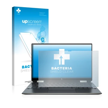 Parte frontal de un envase de producto con el logotipo de la marca upscreen. Al lado se muestra el dispositivo HP Spectre x360