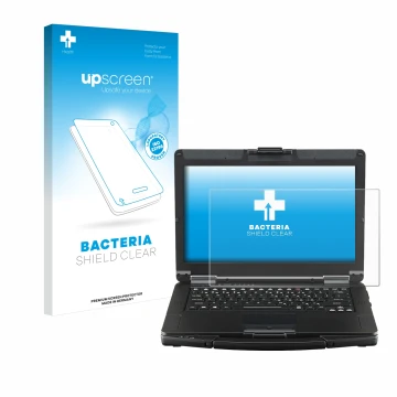 Parte frontal de un envase de producto con el logotipo de la marca upscreen. Al lado se muestra el dispositivo Panasonic Tough