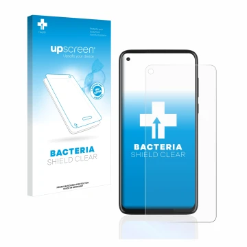 Parte frontal de un envase de producto con el logotipo de la marca upscreen. Al lado se muestra el dispositivo Motorola Moto G