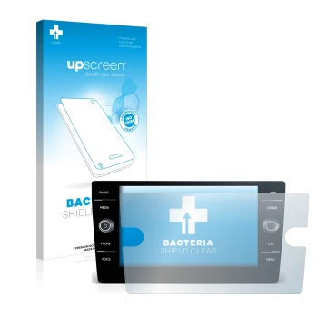 Parte frontal de un envase de producto con el logotipo de la marca upscreen. Al lado se muestra el dispositivo Volkswagen Golf