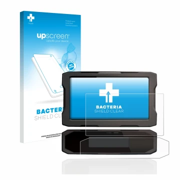 Parte frontal de un envase de producto con el logotipo de la marca upscreen. Al lado se muestra el dispositivo Honda CRF1100L 