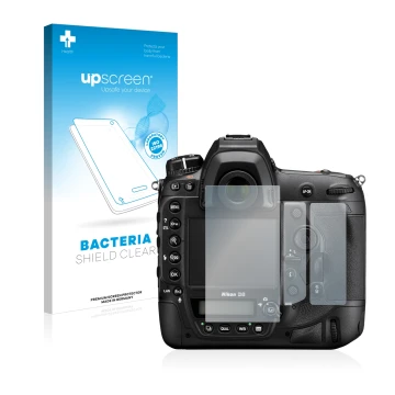 Parte frontal de un envase de producto con el logotipo de la marca upscreen. Al lado se muestra el dispositivo Nikon D6 con su