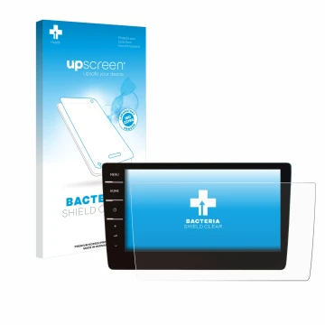 Parte frontal de un envase de producto con el logotipo de la marca upscreen. Al lado se muestra el dispositivo Volkswagen Pass