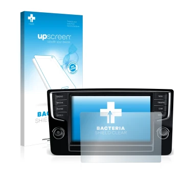 Parte frontal de un envase de producto con el logotipo de la marca upscreen. Al lado se muestra el dispositivo Volkswagen Golf